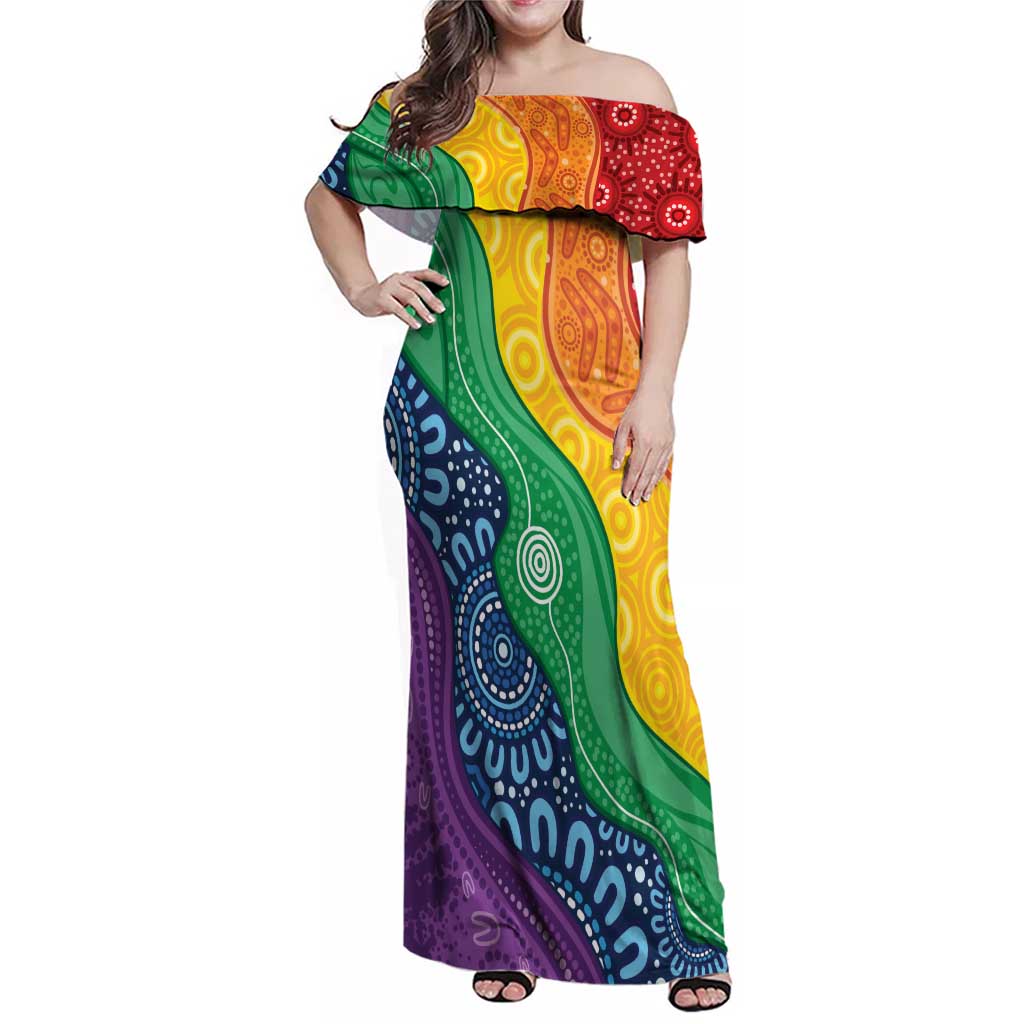 Australia First Nation LGBTQ+ Family Matching Off Shoulder Maxi Dress and Hawaiian Shirt Aboriginal Rainbow Flag