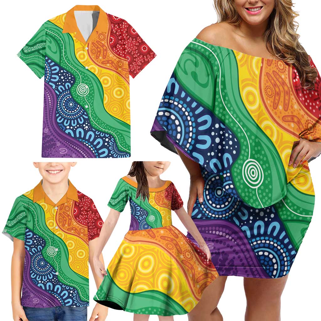 Australia First Nation LGBTQ+ Family Matching Off Shoulder Short Dress and Hawaiian Shirt Aboriginal Rainbow Flag