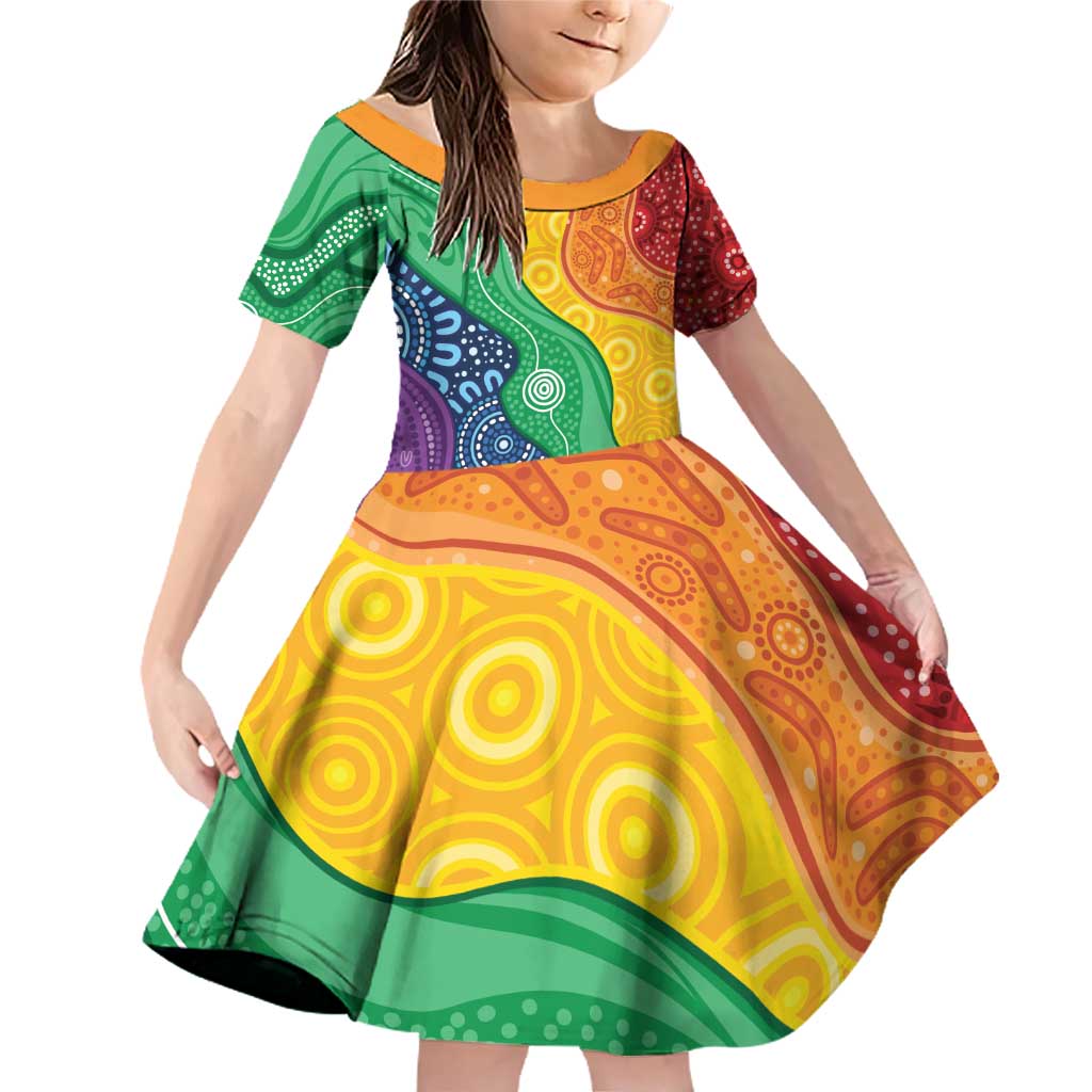 Australia First Nation LGBTQ+ Family Matching Off Shoulder Short Dress and Hawaiian Shirt Aboriginal Rainbow Flag