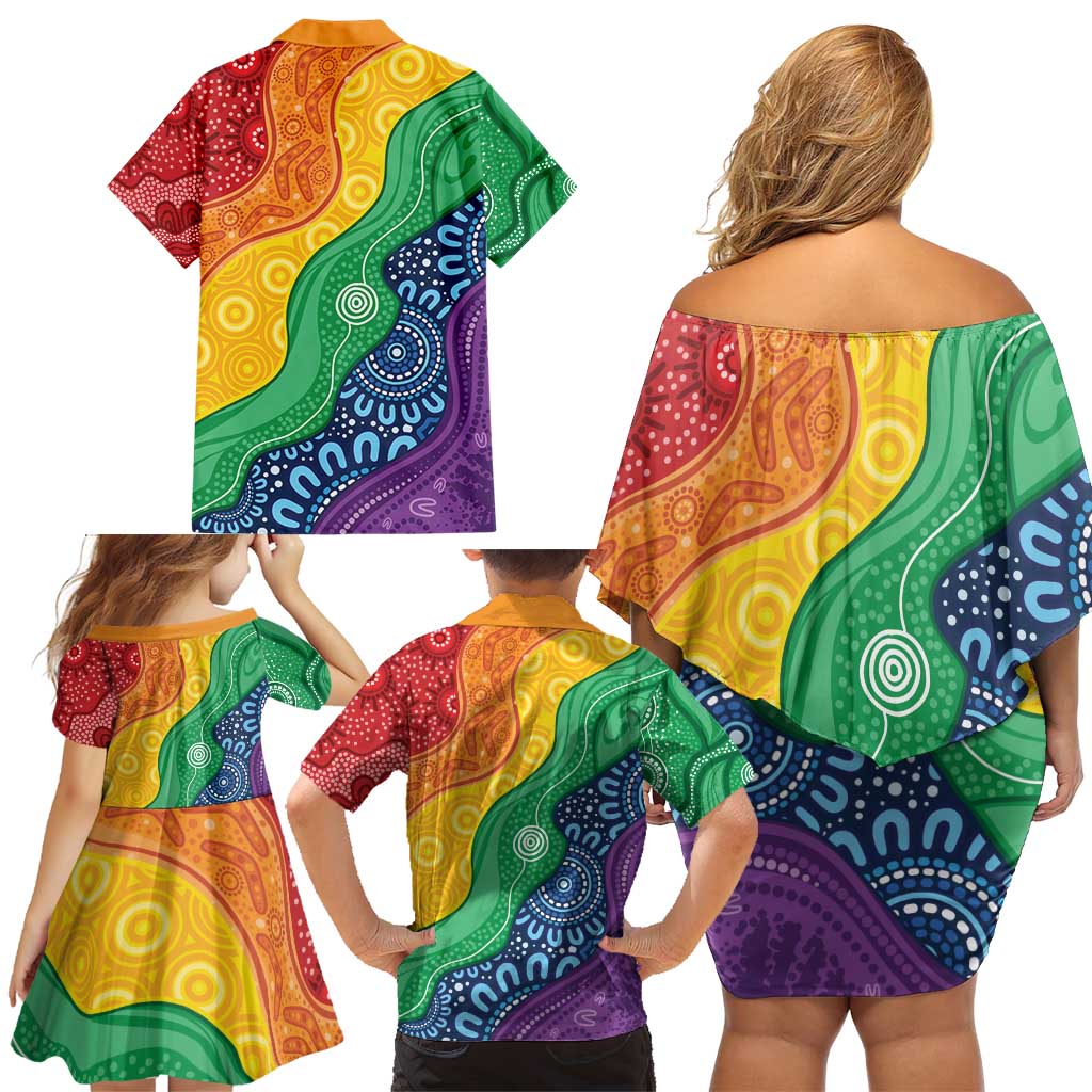 Australia First Nation LGBTQ+ Family Matching Off Shoulder Short Dress and Hawaiian Shirt Aboriginal Rainbow Flag