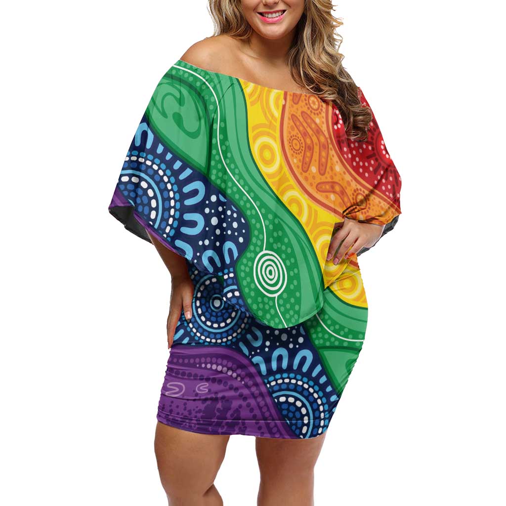 Australia First Nation LGBTQ+ Family Matching Off Shoulder Short Dress and Hawaiian Shirt Aboriginal Rainbow Flag