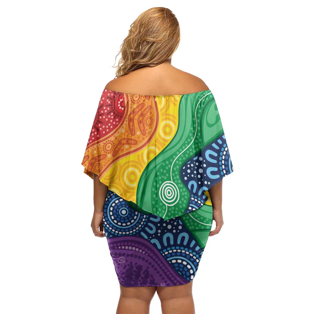 Australia First Nation LGBTQ+ Family Matching Off Shoulder Short Dress and Hawaiian Shirt Aboriginal Rainbow Flag