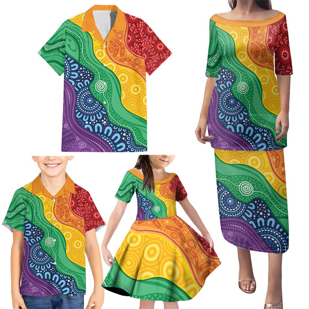 Australia First Nation LGBTQ+ Family Matching Puletasi and Hawaiian Shirt Aboriginal Rainbow Flag