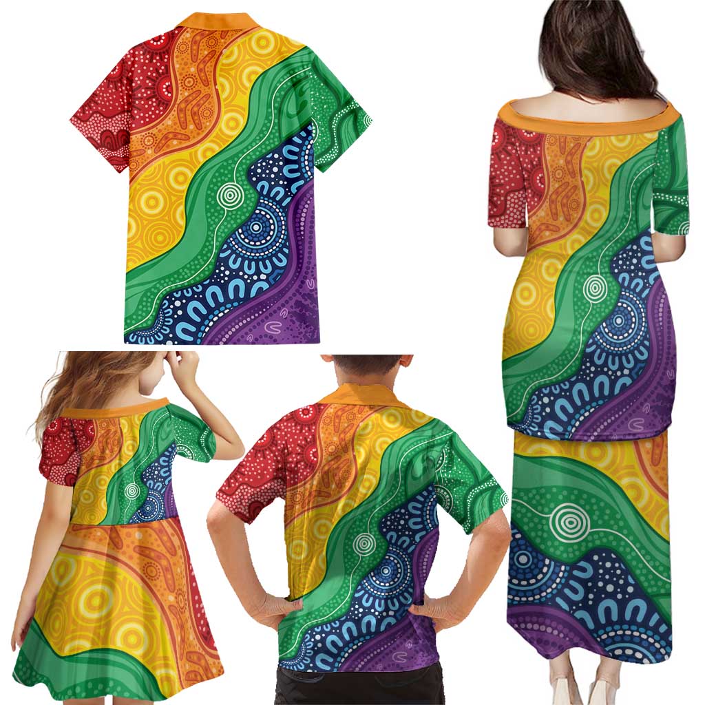 Australia First Nation LGBTQ+ Family Matching Puletasi and Hawaiian Shirt Aboriginal Rainbow Flag