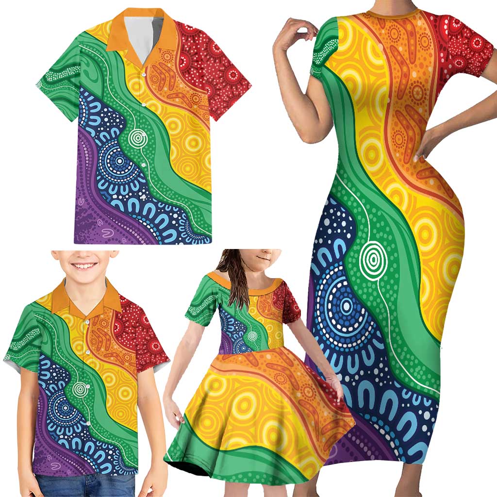 Australia First Nation LGBTQ+ Family Matching Short Sleeve Bodycon Dress and Hawaiian Shirt Aboriginal Rainbow Flag