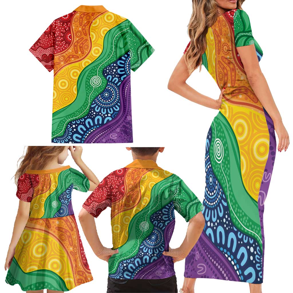 Australia First Nation LGBTQ+ Family Matching Short Sleeve Bodycon Dress and Hawaiian Shirt Aboriginal Rainbow Flag