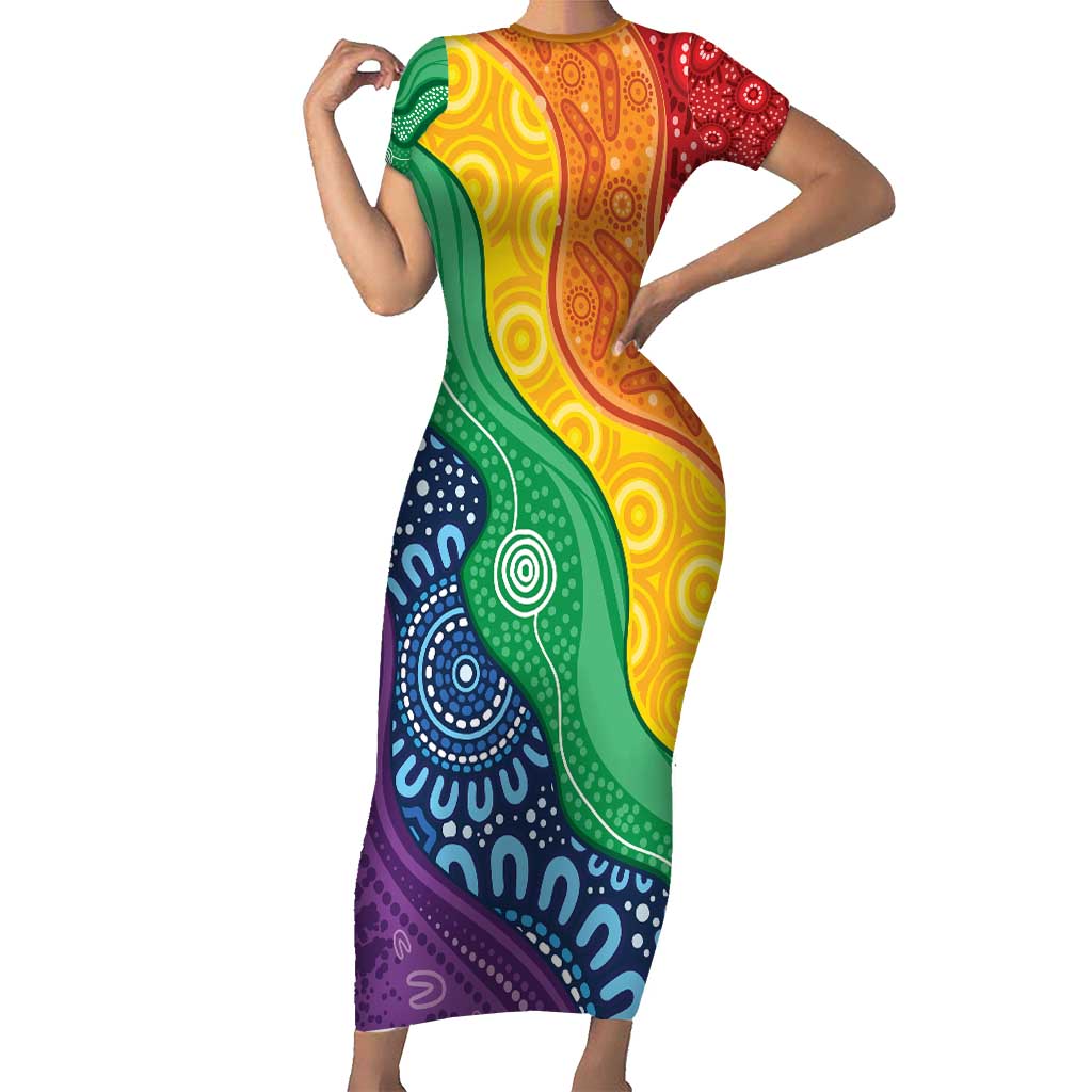 Australia First Nation LGBTQ+ Family Matching Short Sleeve Bodycon Dress and Hawaiian Shirt Aboriginal Rainbow Flag