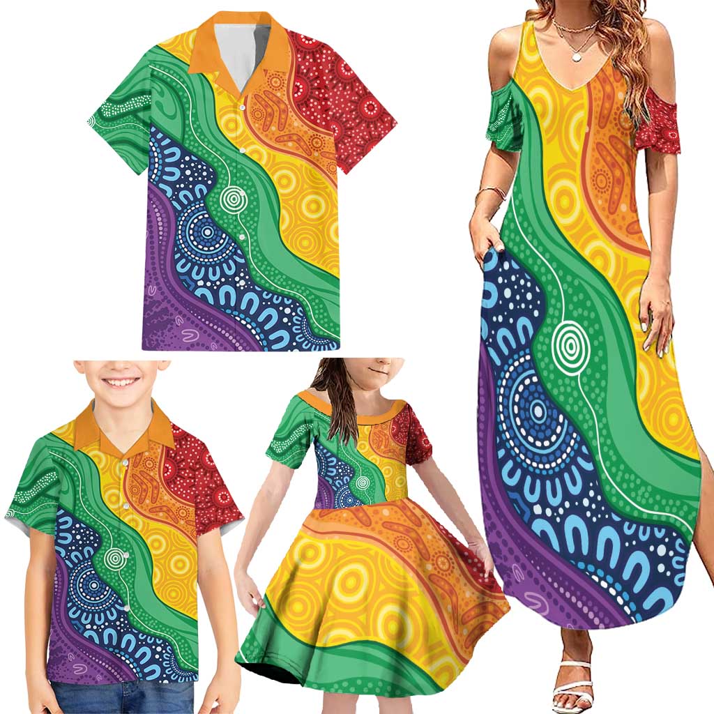 Australia First Nation LGBTQ+ Family Matching Summer Maxi Dress and Hawaiian Shirt Aboriginal Rainbow Flag