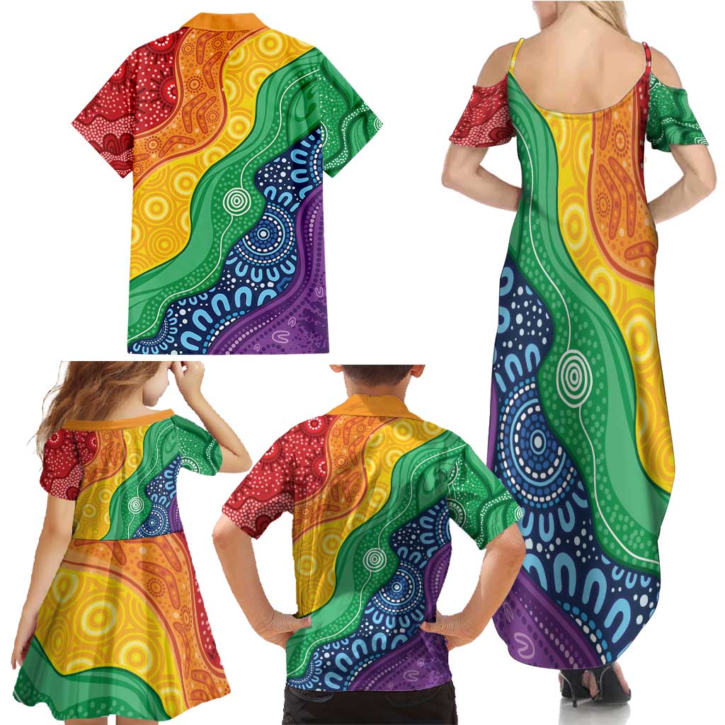 Australia First Nation LGBTQ+ Family Matching Summer Maxi Dress and Hawaiian Shirt Aboriginal Rainbow Flag