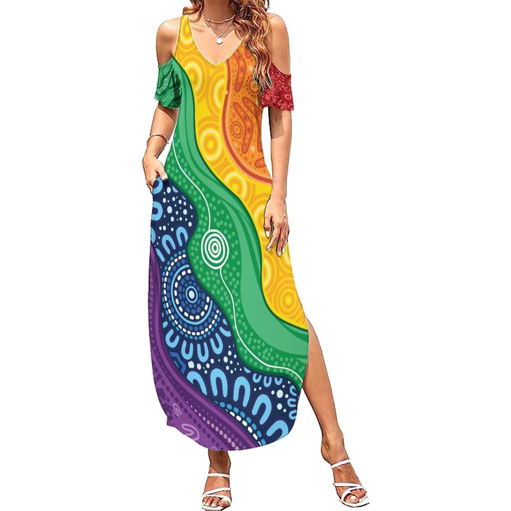 Australia First Nation LGBTQ+ Family Matching Summer Maxi Dress and Hawaiian Shirt Aboriginal Rainbow Flag