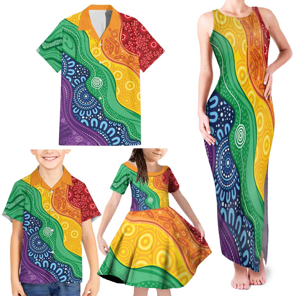 Australia First Nation LGBTQ+ Family Matching Tank Maxi Dress and Hawaiian Shirt Aboriginal Rainbow Flag