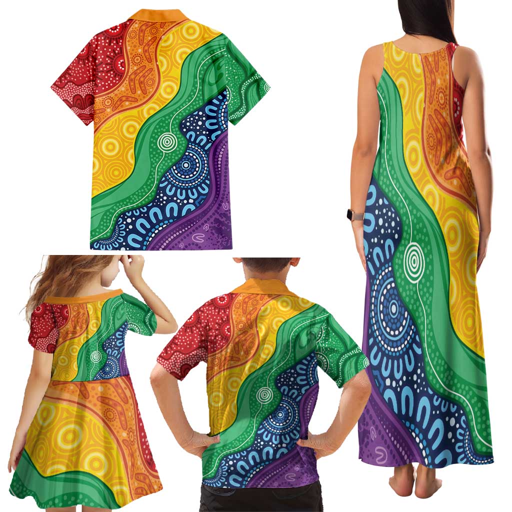 Australia First Nation LGBTQ+ Family Matching Tank Maxi Dress and Hawaiian Shirt Aboriginal Rainbow Flag