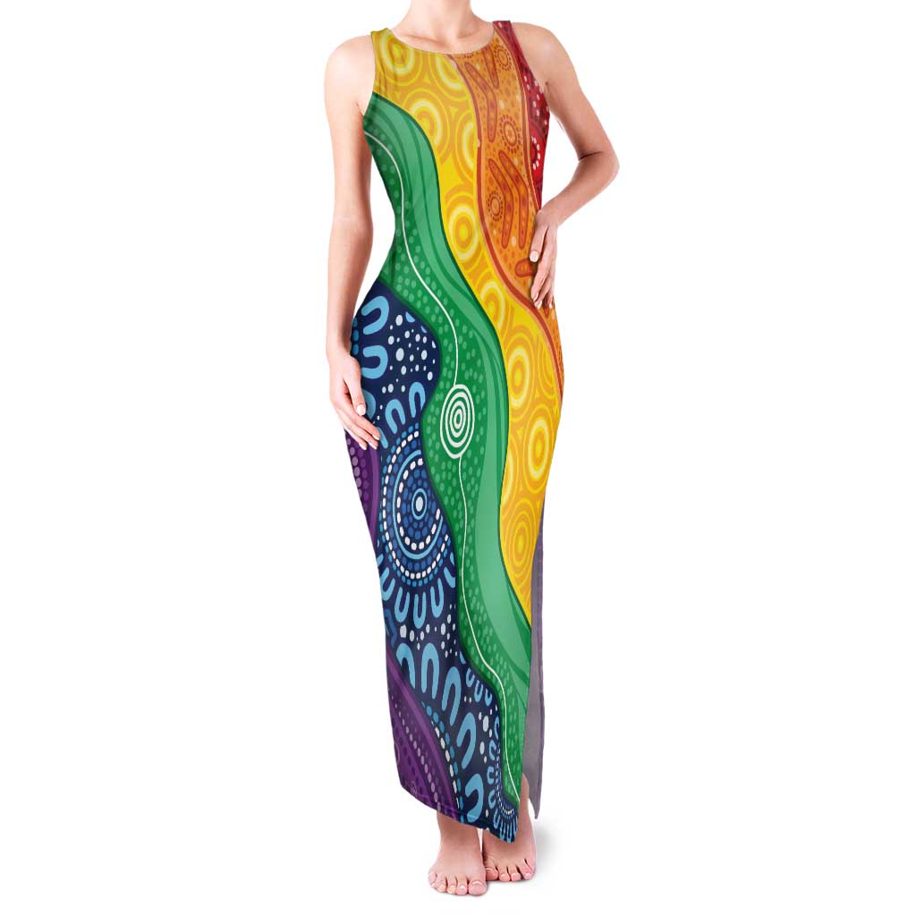 Australia First Nation LGBTQ+ Family Matching Tank Maxi Dress and Hawaiian Shirt Aboriginal Rainbow Flag