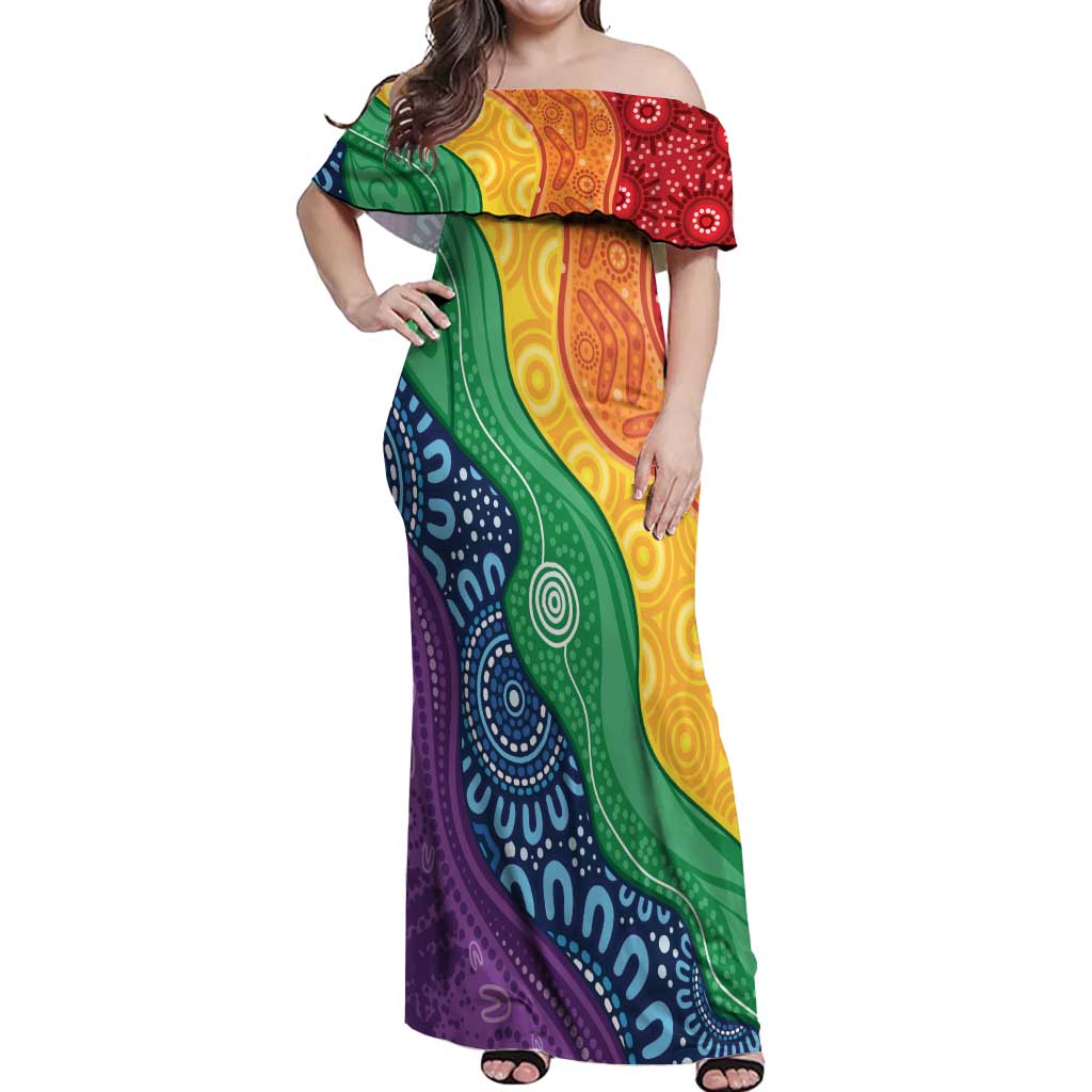 Australia First Nation LGBTQ+ Off Shoulder Maxi Dress Aboriginal Rainbow Flag