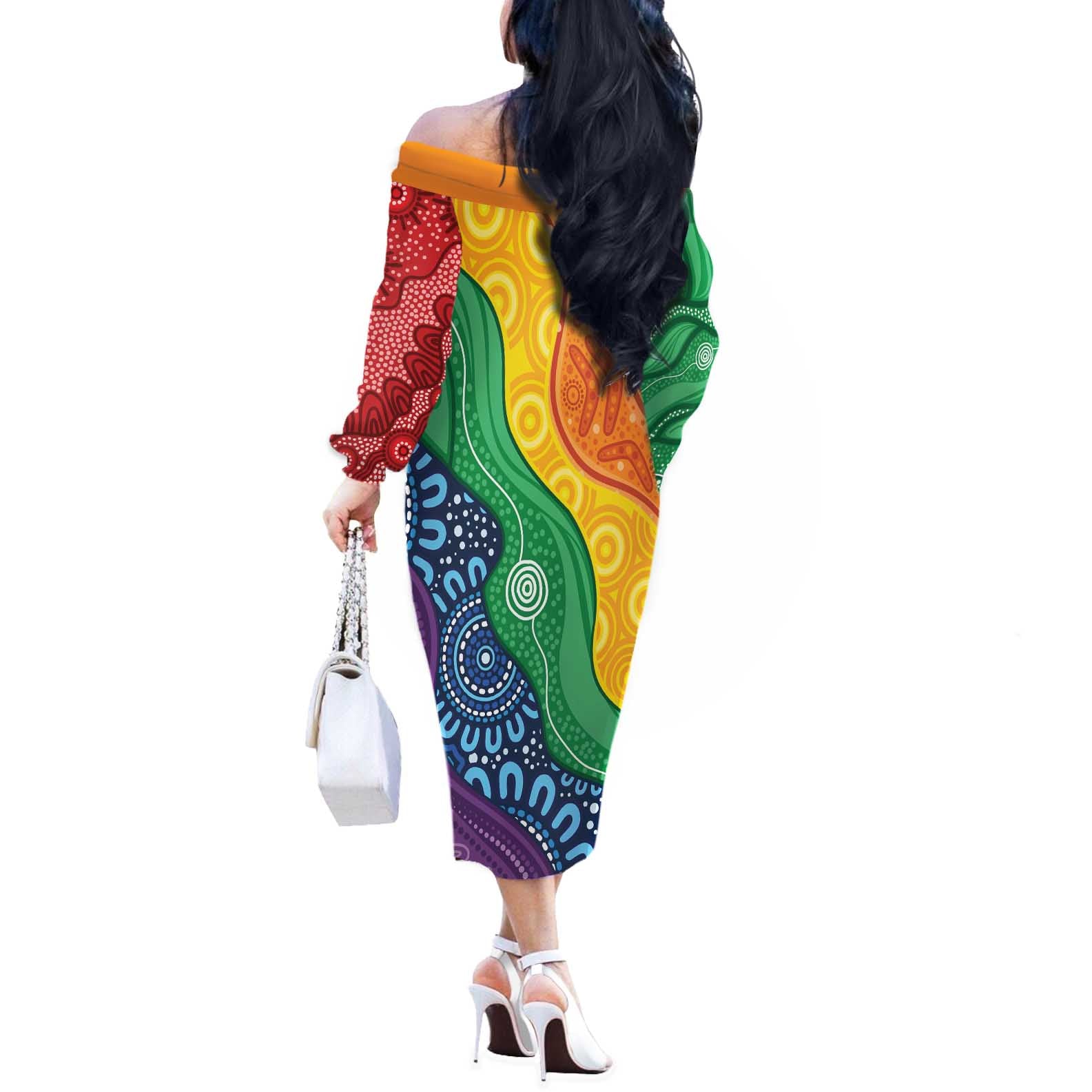 Australia First Nation LGBTQ+ Off The Shoulder Long Sleeve Dress Aboriginal Rainbow Flag