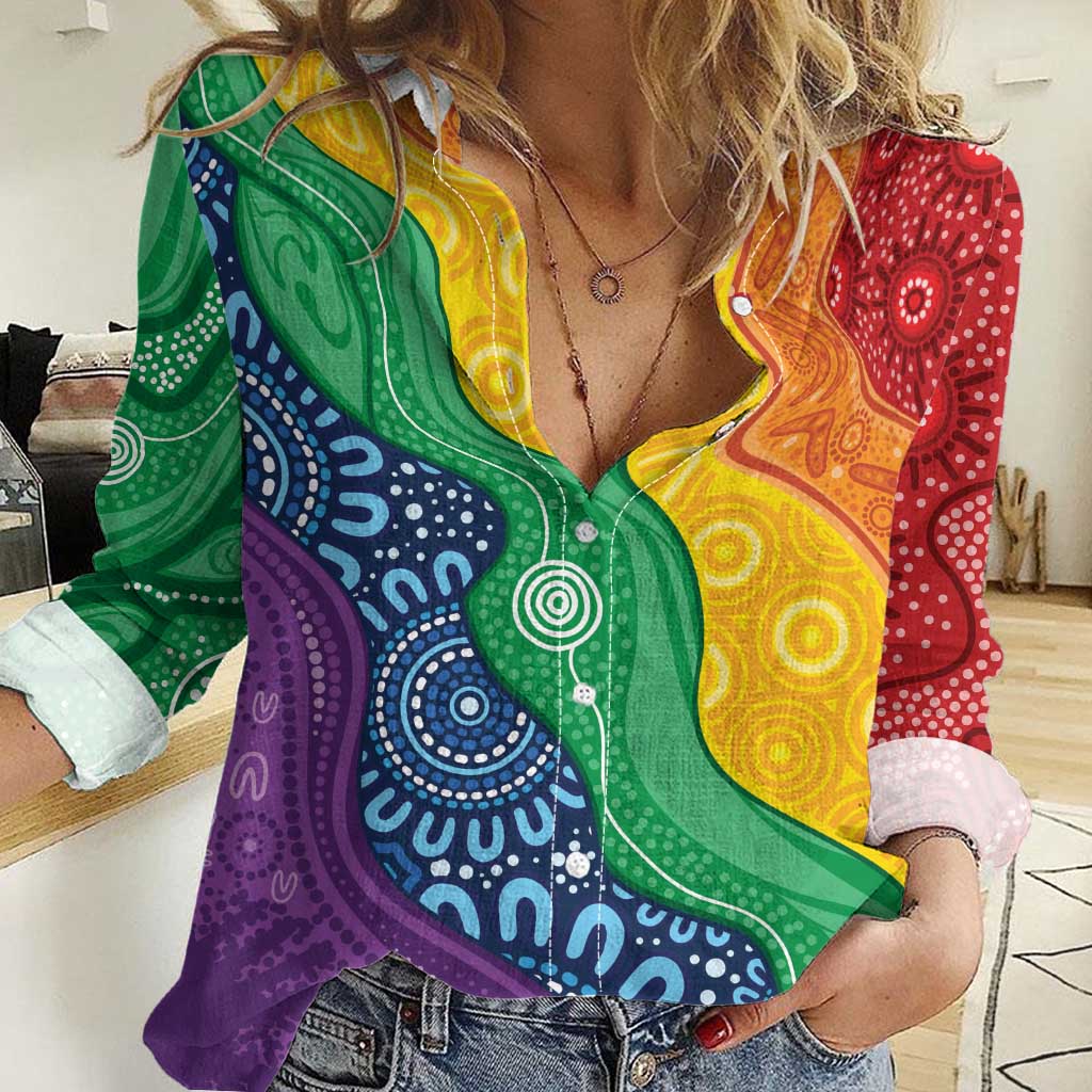 Australia First Nation LGBTQ+ Women Casual Shirt Aboriginal Rainbow Flag - Vibe Hoodie Shop