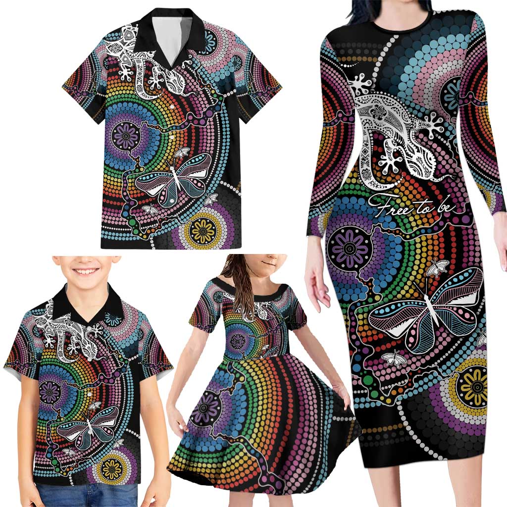 Sydney Pride Aboriginal Family Matching Long Sleeve Bodycon Dress and Hawaiian Shirt Free To Be