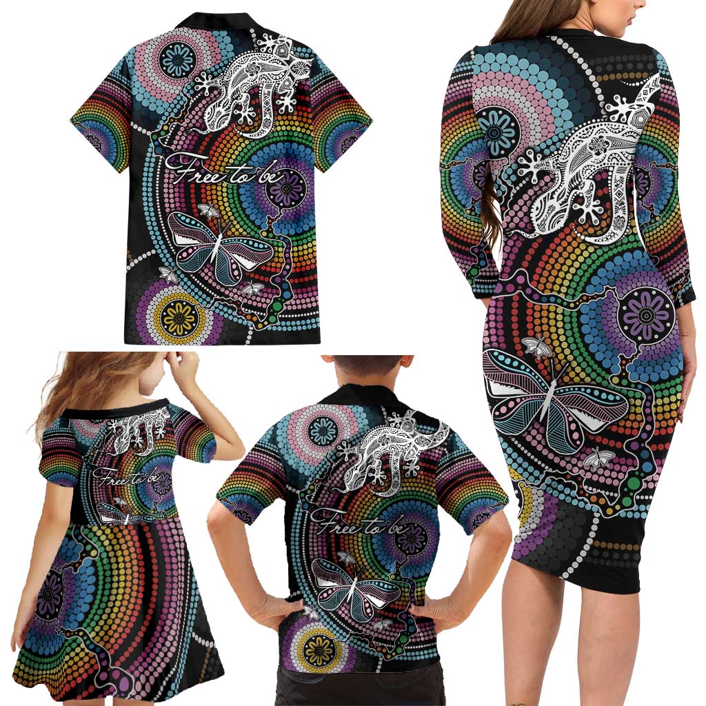 Sydney Pride Aboriginal Family Matching Long Sleeve Bodycon Dress and Hawaiian Shirt Free To Be