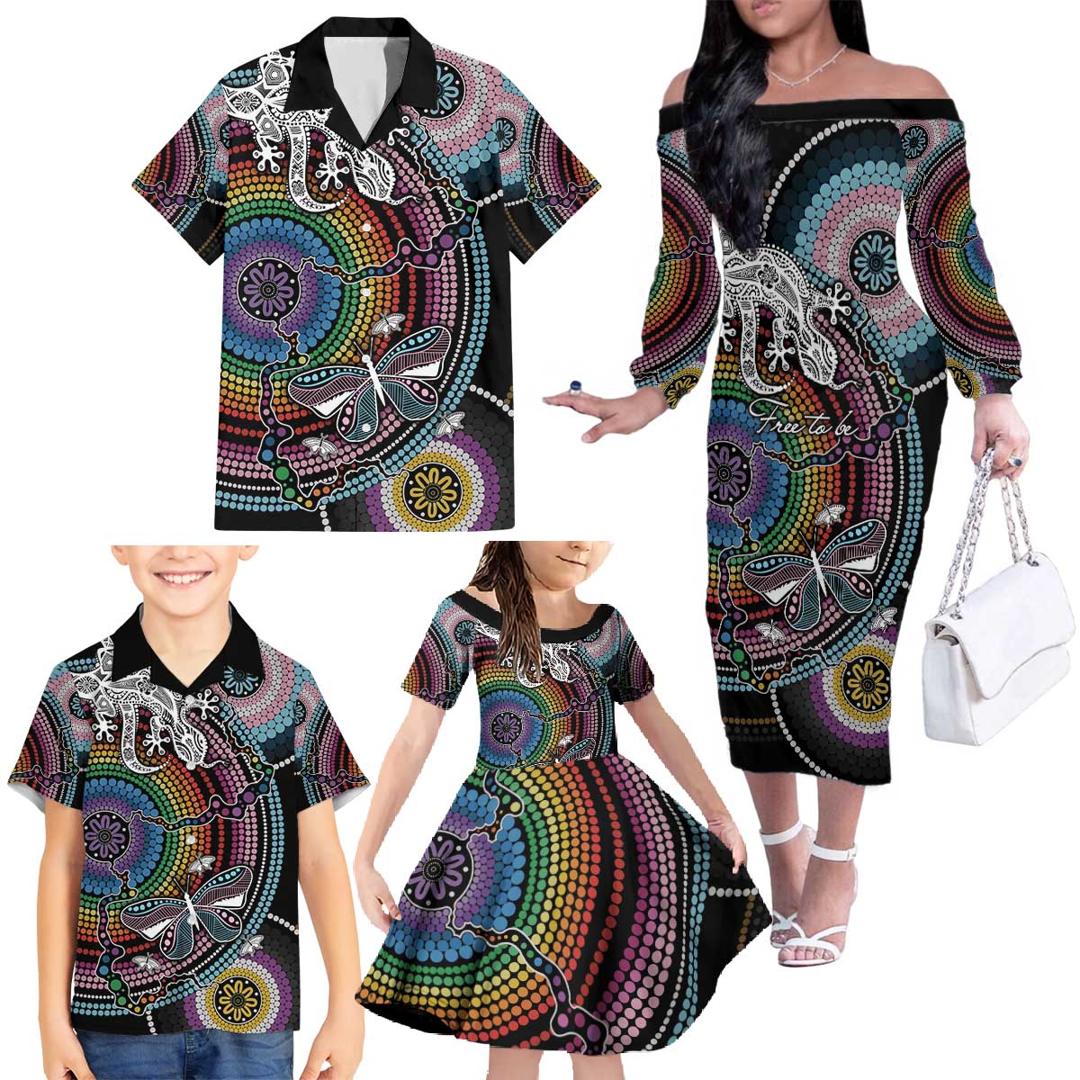 Sydney Pride Aboriginal Family Matching Off The Shoulder Long Sleeve Dress and Hawaiian Shirt Free To Be