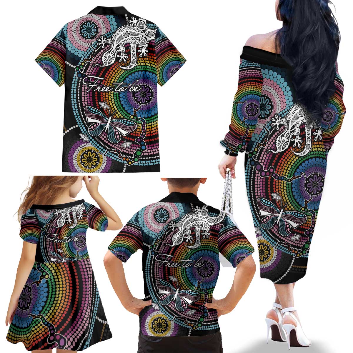 Sydney Pride Aboriginal Family Matching Off The Shoulder Long Sleeve Dress and Hawaiian Shirt Free To Be