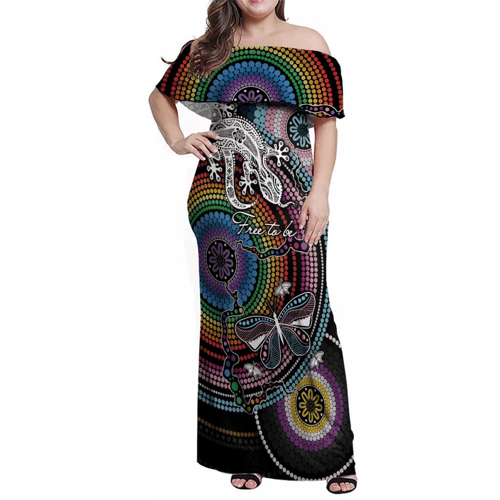 Sydney Pride Aboriginal Family Matching Off Shoulder Maxi Dress and Hawaiian Shirt Free To Be