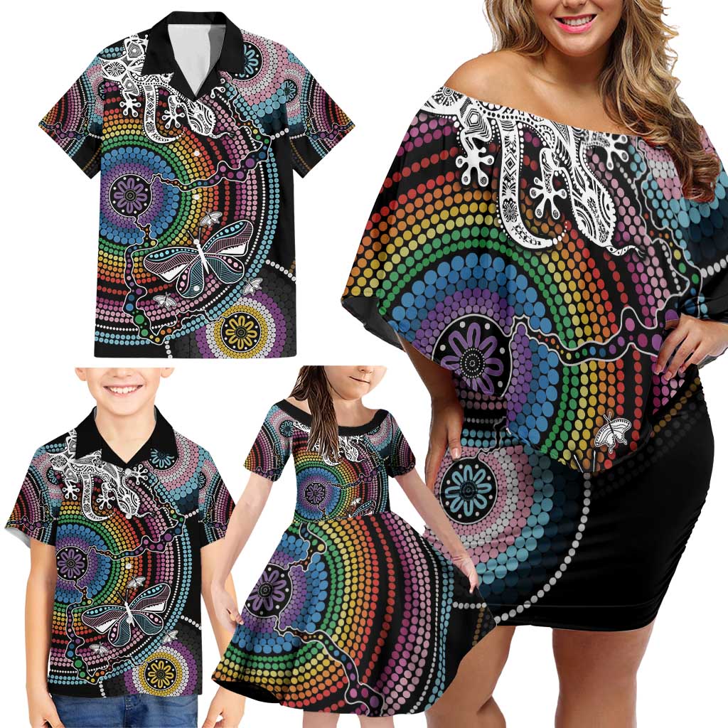 Sydney Pride Aboriginal Family Matching Off Shoulder Short Dress and Hawaiian Shirt Free To Be