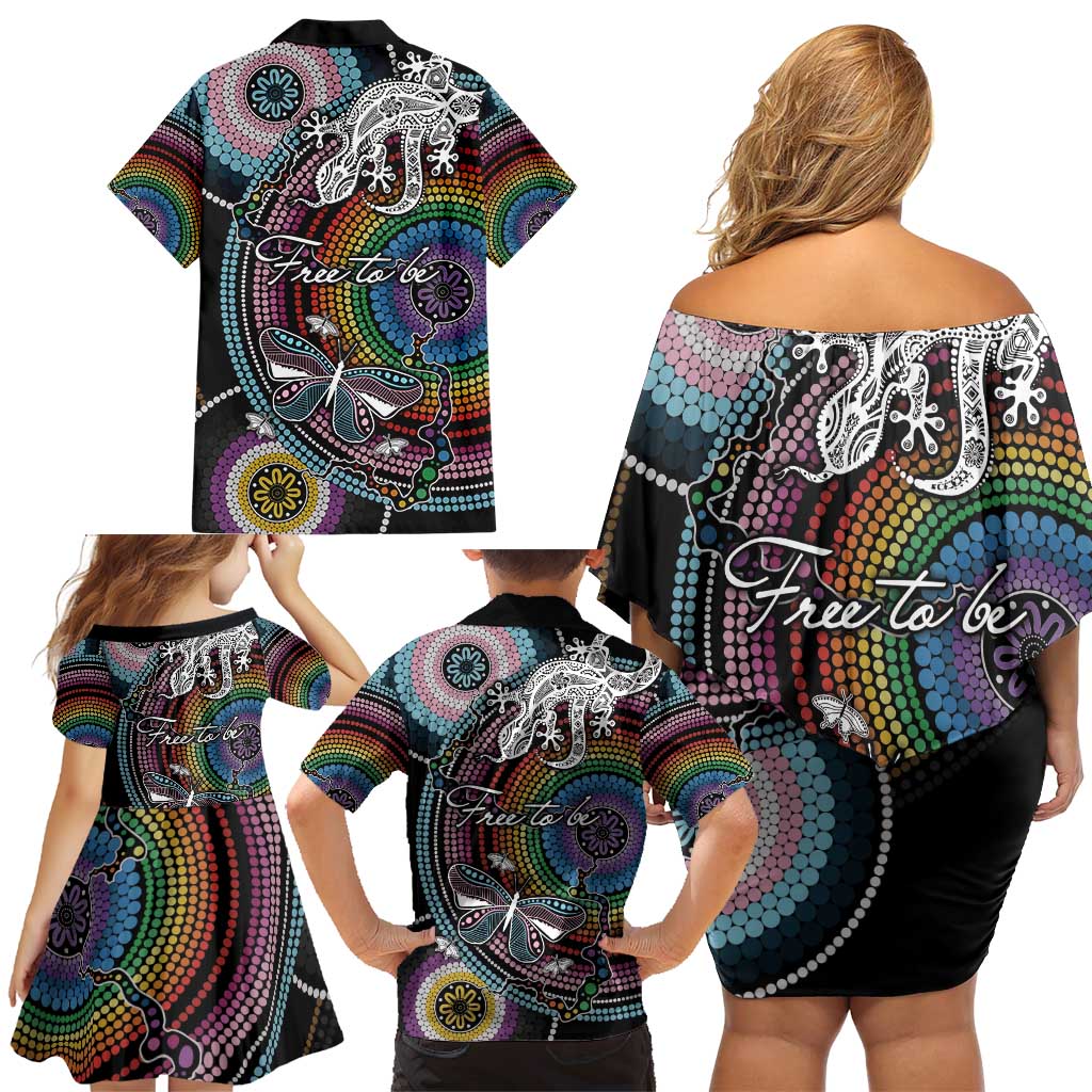 Sydney Pride Aboriginal Family Matching Off Shoulder Short Dress and Hawaiian Shirt Free To Be