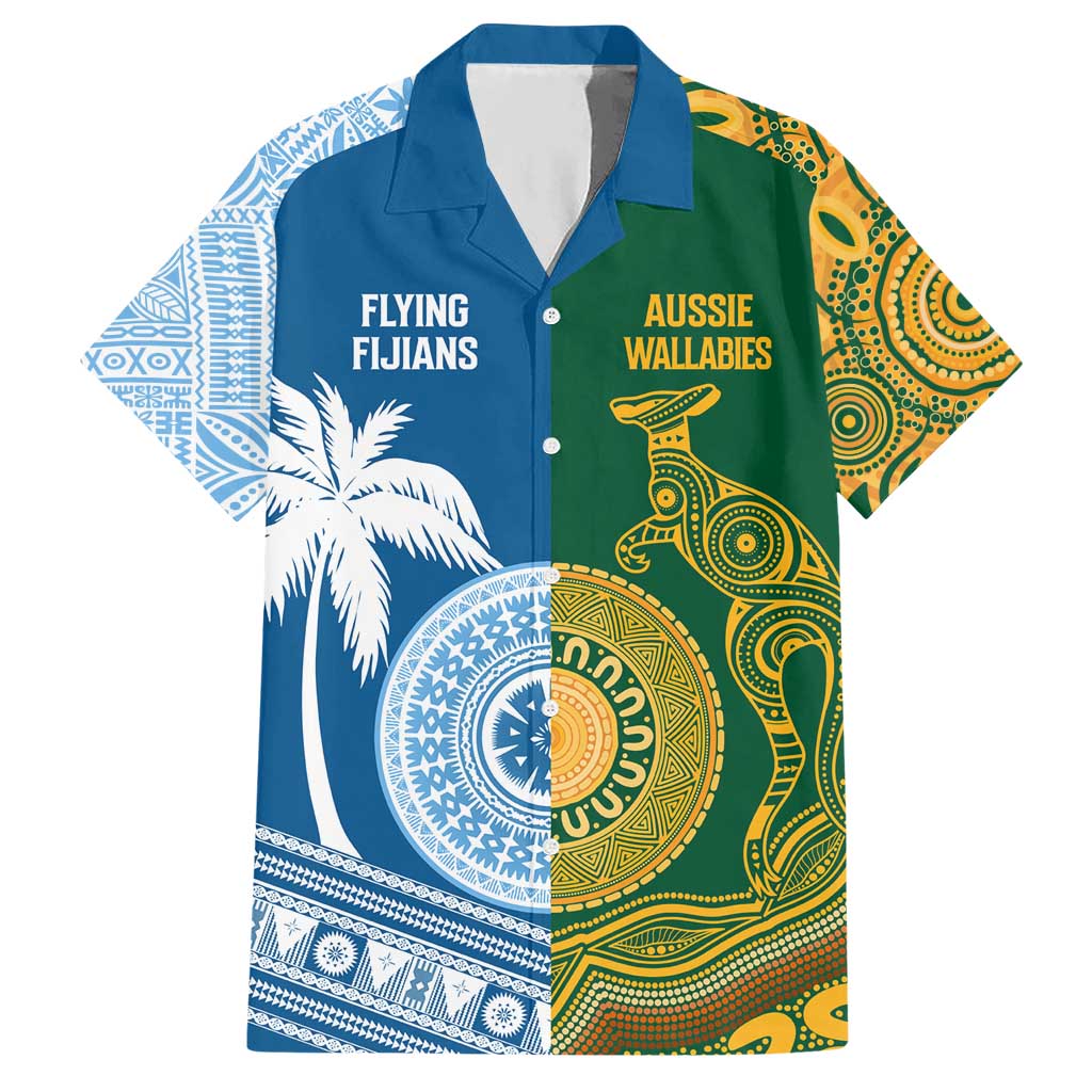 Personalised Fiji With Australia Rugby Hawaiian Shirt Aboriginal Mix Kesa Tapa Patterns - Vibe Hoodie Shop