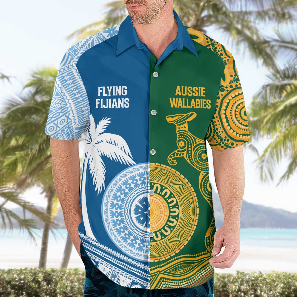 Personalised Fiji With Australia Rugby Hawaiian Shirt Aboriginal Mix Kesa Tapa Patterns - Vibe Hoodie Shop