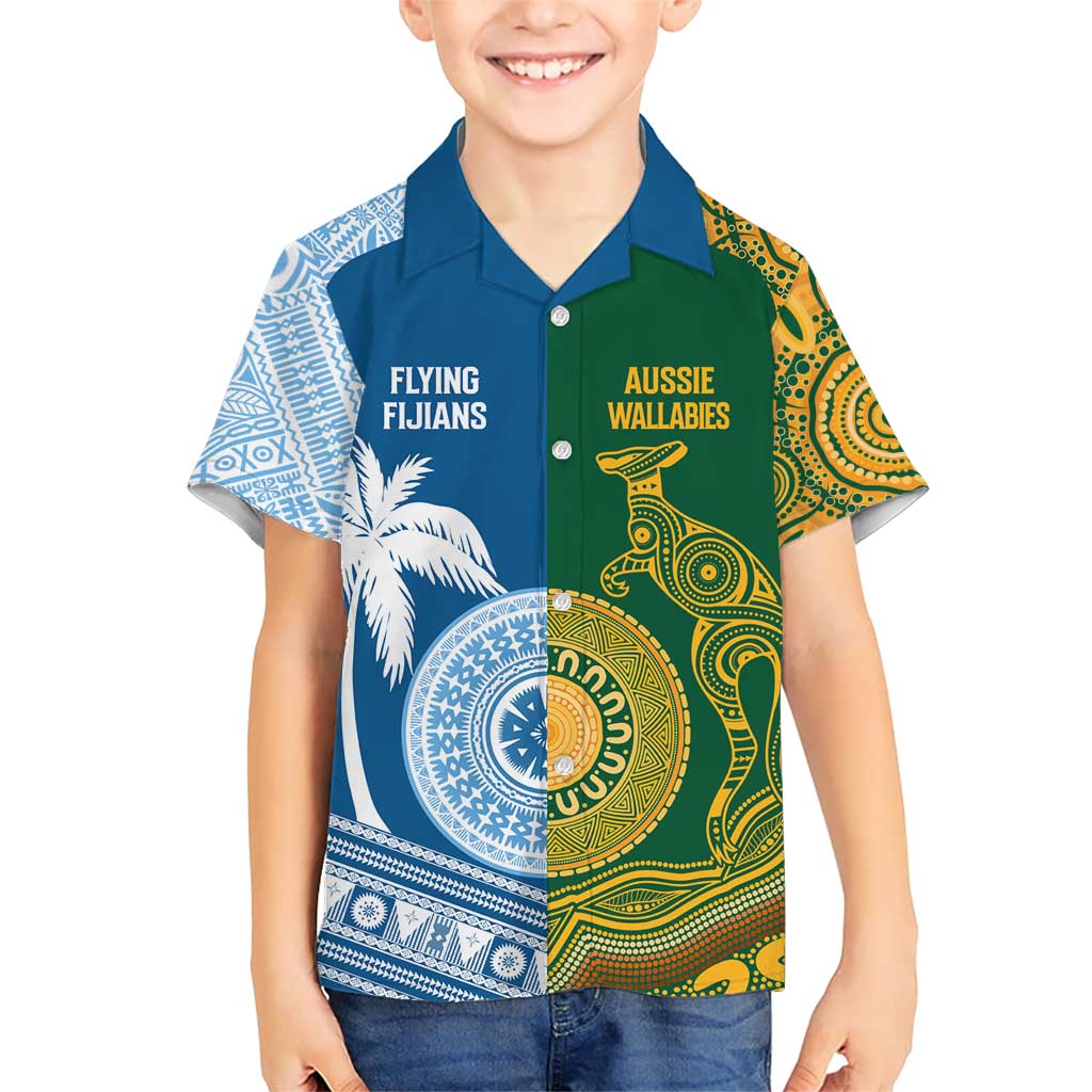 Personalised Fiji With Australia Rugby Hawaiian Shirt Aboriginal Mix Kesa Tapa Patterns - Vibe Hoodie Shop