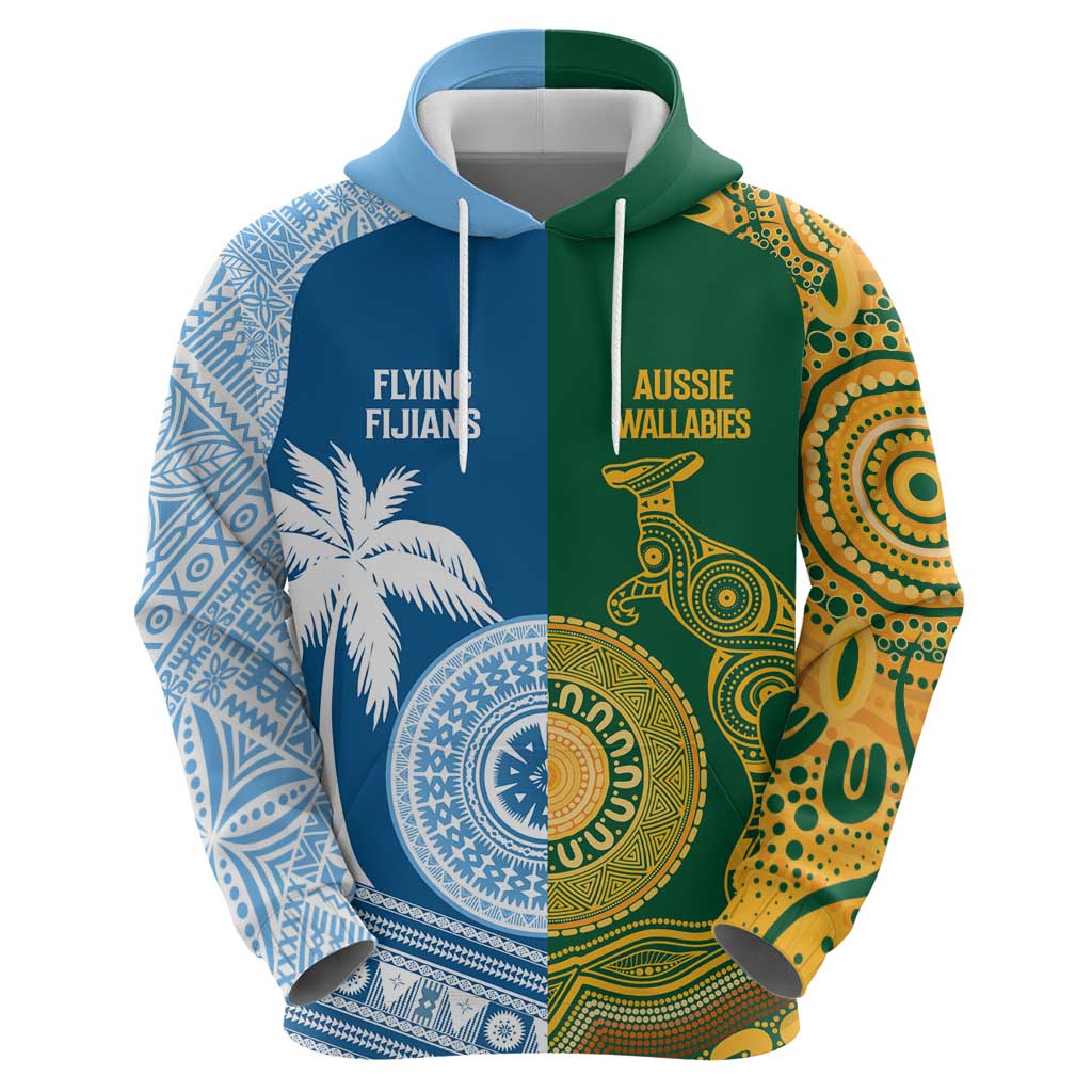 Personalised Fiji With Australia Rugby Hoodie Aboriginal Mix Kesa Tapa Patterns LT7 - Vibe Hoodie Shop