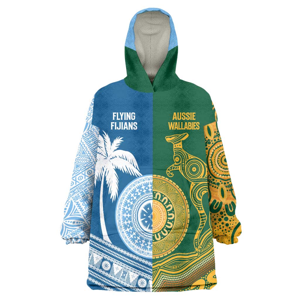 Personalised Fiji With Australia Rugby Wearable Blanket Hoodie Aboriginal Mix Kesa Tapa Patterns - Vibe Hoodie Shop