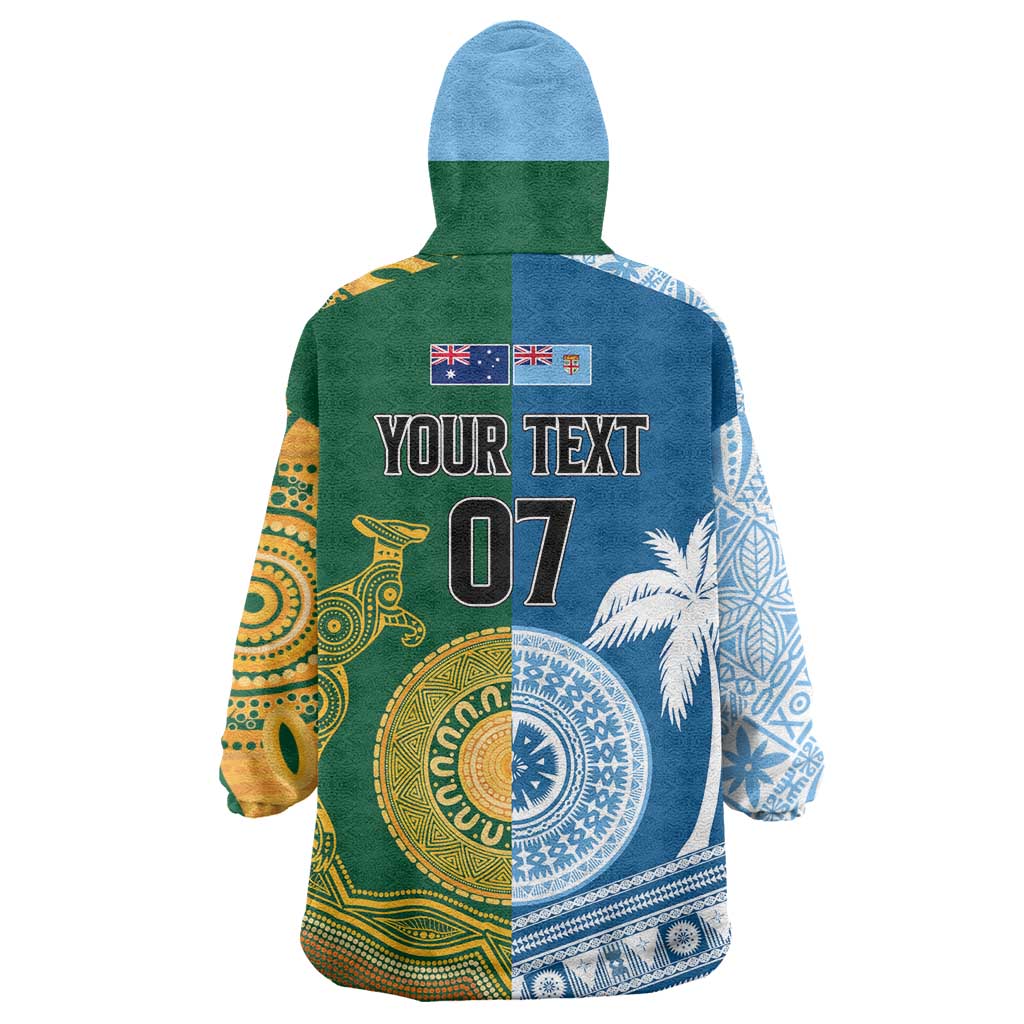 Personalised Fiji With Australia Rugby Wearable Blanket Hoodie Aboriginal Mix Kesa Tapa Patterns - Vibe Hoodie Shop