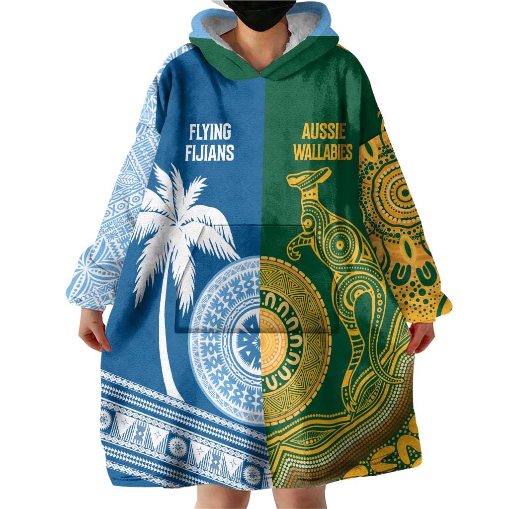 Personalised Fiji With Australia Rugby Wearable Blanket Hoodie Aboriginal Mix Kesa Tapa Patterns - Vibe Hoodie Shop