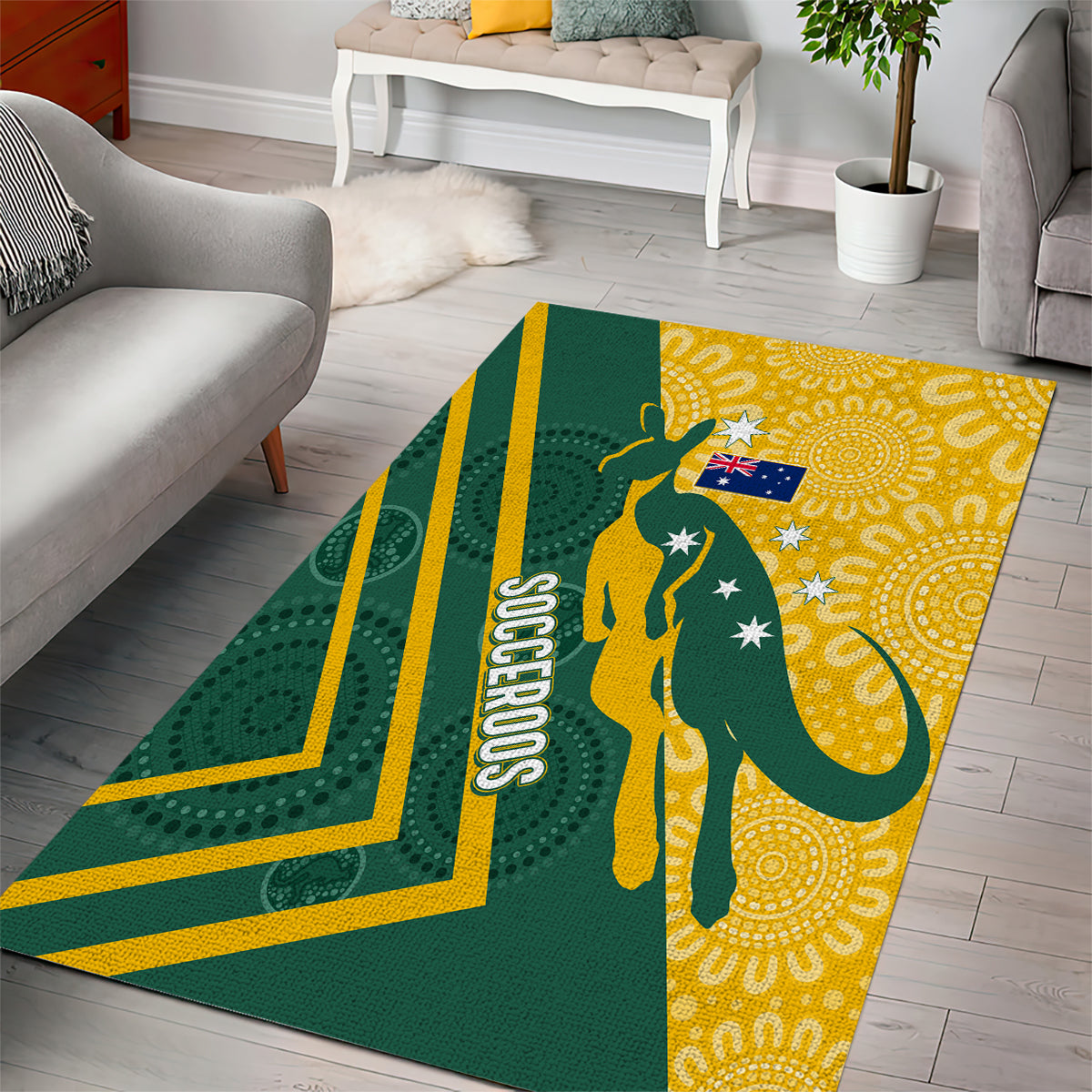 Australia Socceroos Indigenous Area Rug Green & Gold - Vibe Hoodie Shop