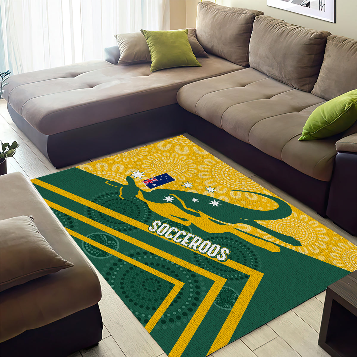 Australia Socceroos Indigenous Area Rug Green & Gold - Vibe Hoodie Shop