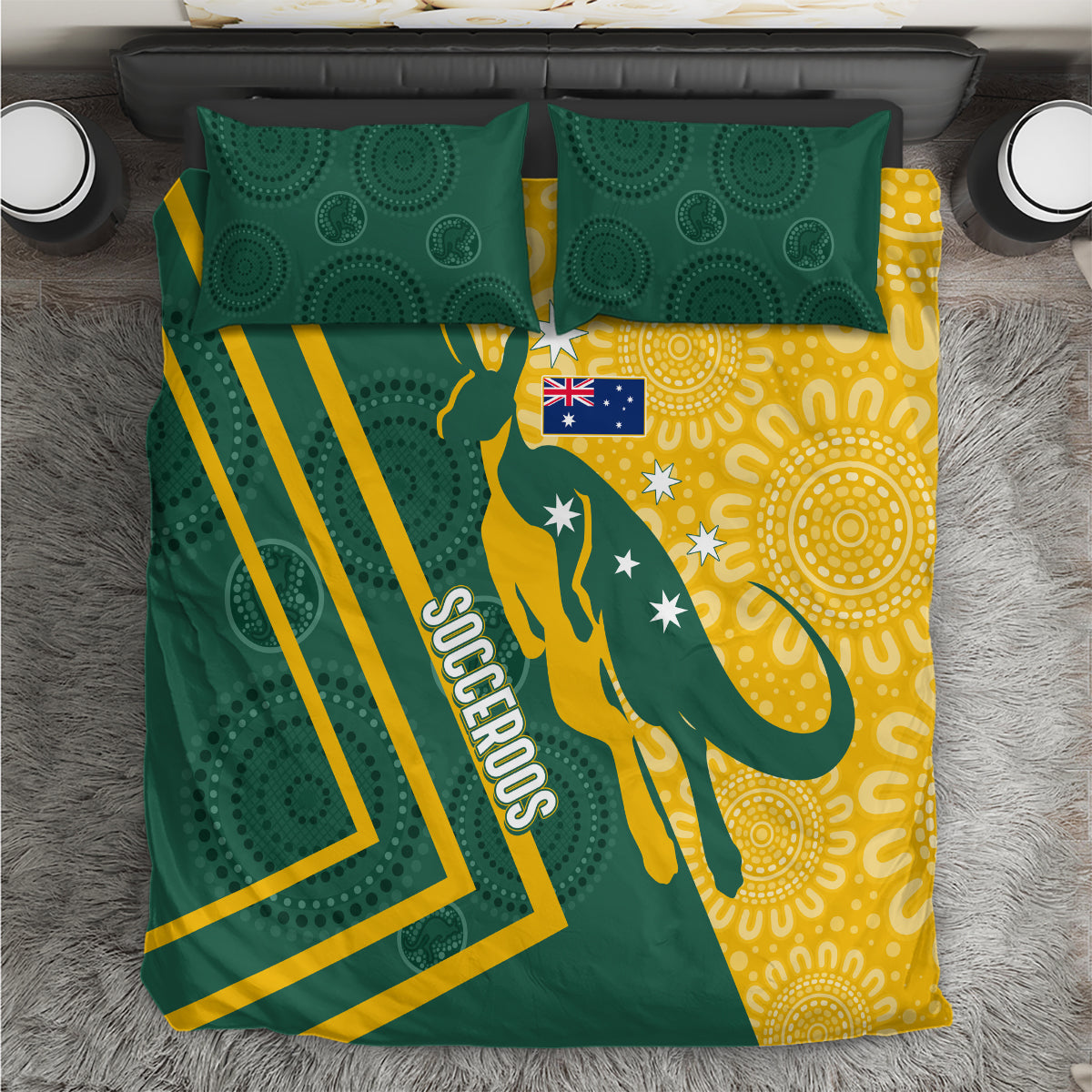 Australia Socceroos Indigenous Bedding Set Green & Gold - Vibe Hoodie Shop