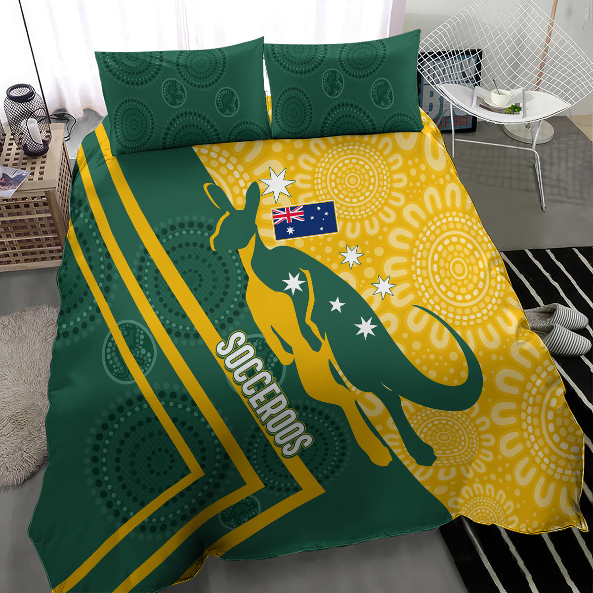 Australia Socceroos Indigenous Bedding Set Green & Gold - Vibe Hoodie Shop