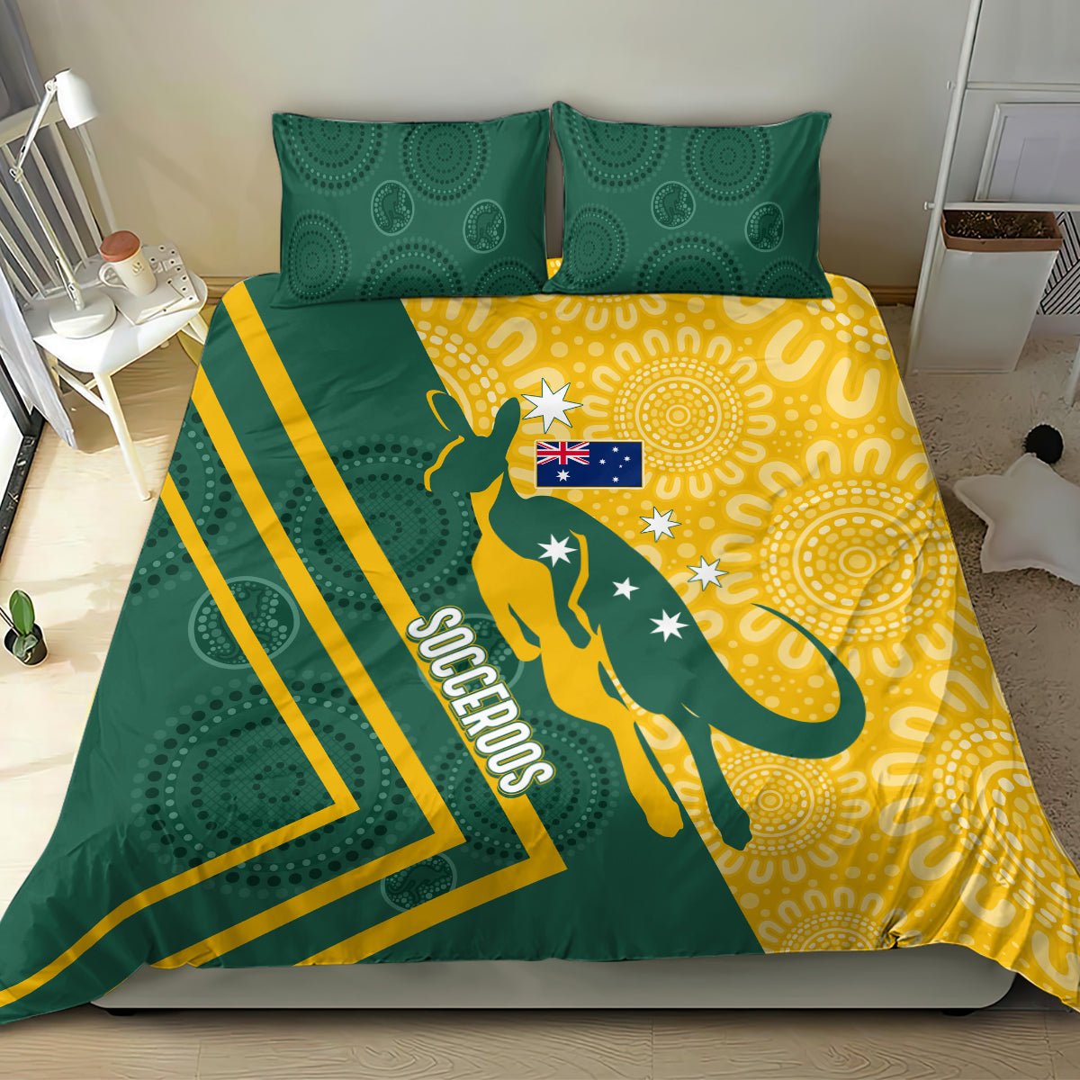 Australia Socceroos Indigenous Bedding Set Green & Gold - Vibe Hoodie Shop