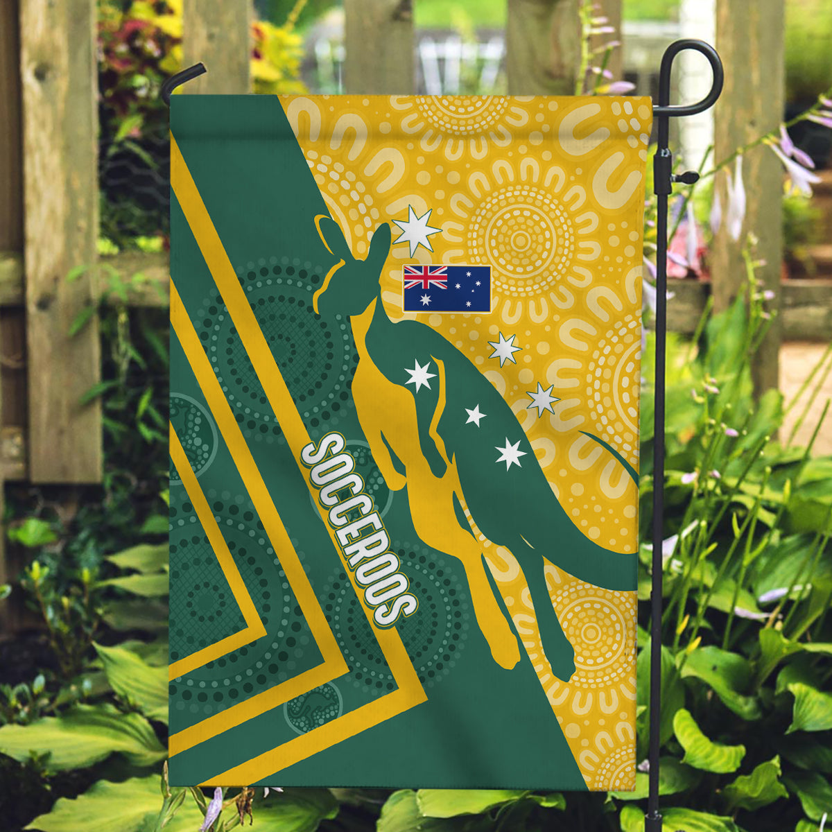 Australia Socceroos Indigenous Garden Flag Green & Gold - Vibe Hoodie Shop