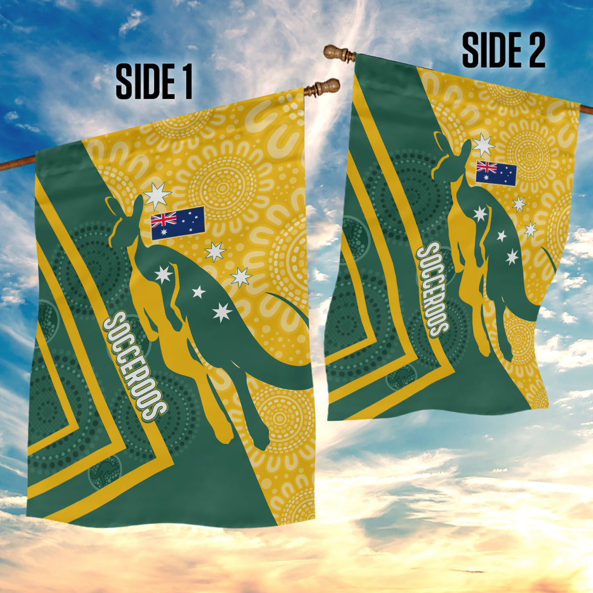 Australia Socceroos Indigenous Garden Flag Green & Gold - Vibe Hoodie Shop