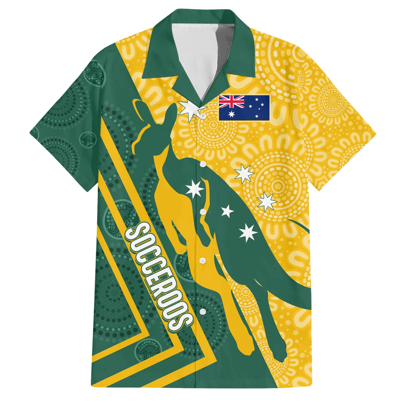 Personalised Australia Socceroos Indigenous Hawaiian Shirt Green & Gold - Vibe Hoodie Shop