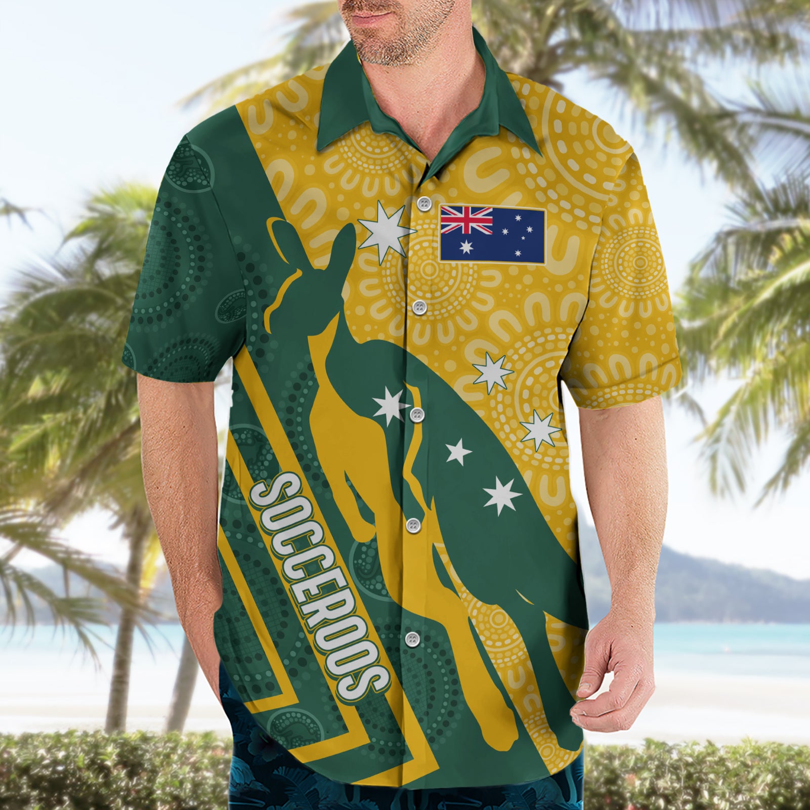 Personalised Australia Socceroos Indigenous Hawaiian Shirt Green & Gold - Vibe Hoodie Shop