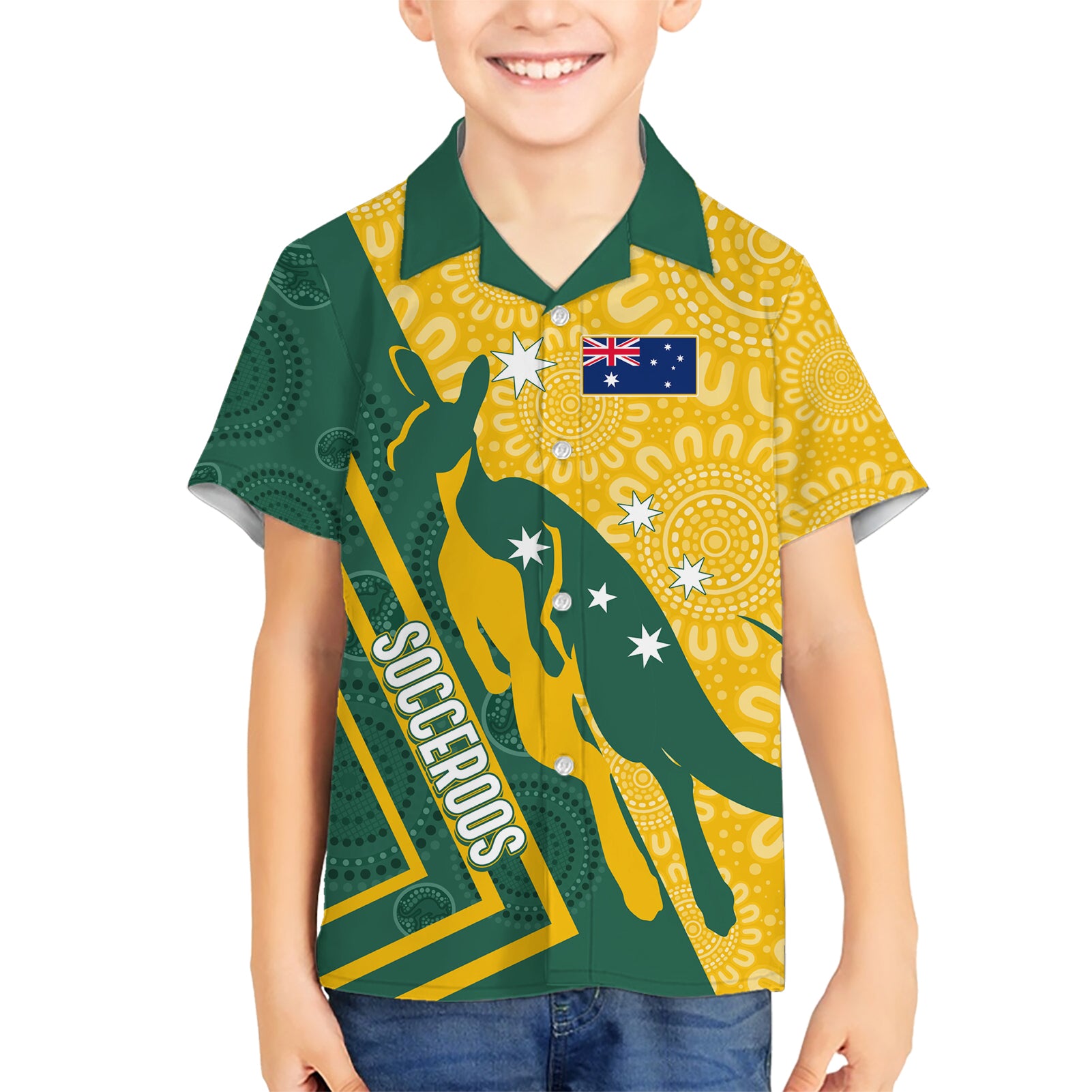 Personalised Australia Socceroos Indigenous Hawaiian Shirt Green & Gold - Vibe Hoodie Shop