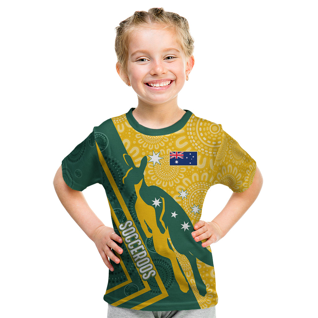 Personalised Australia Socceroos Indigenous Kid T Shirt Green & Gold - Vibe Hoodie Shop