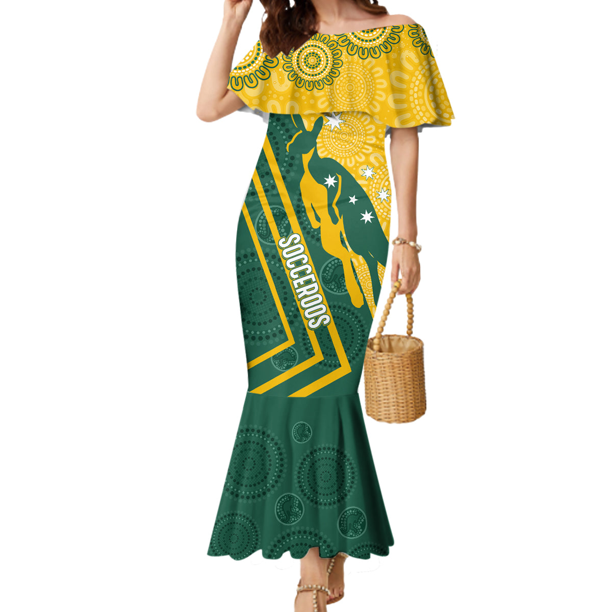 personalised-australia-socceroos-indigenous-mermaid-dress-green-gold