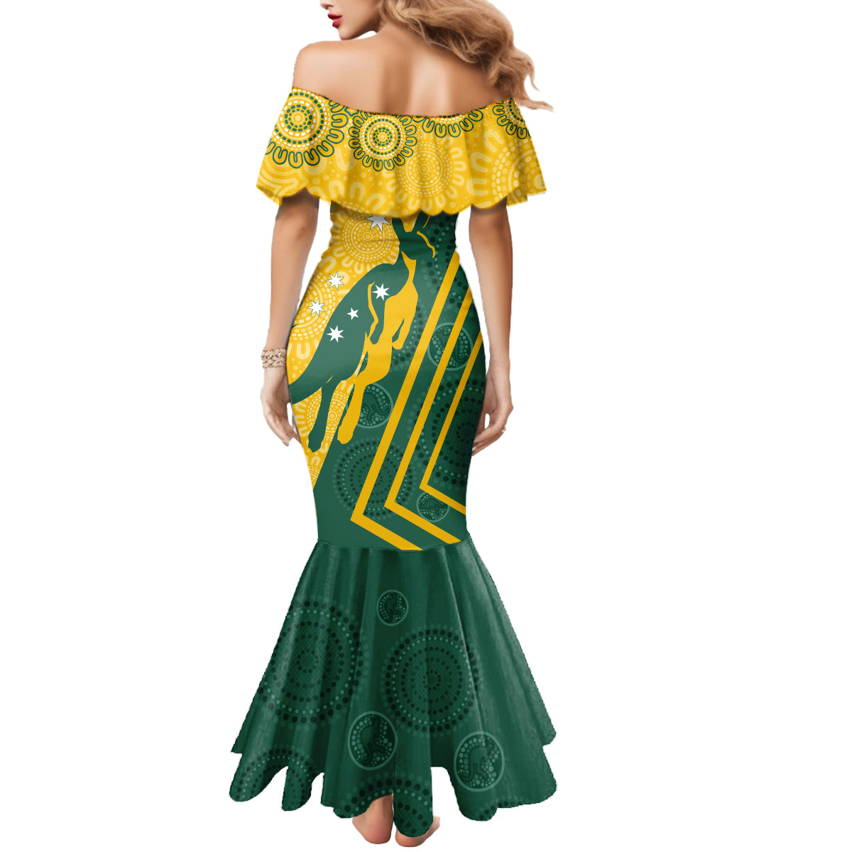 personalised-australia-socceroos-indigenous-mermaid-dress-green-gold