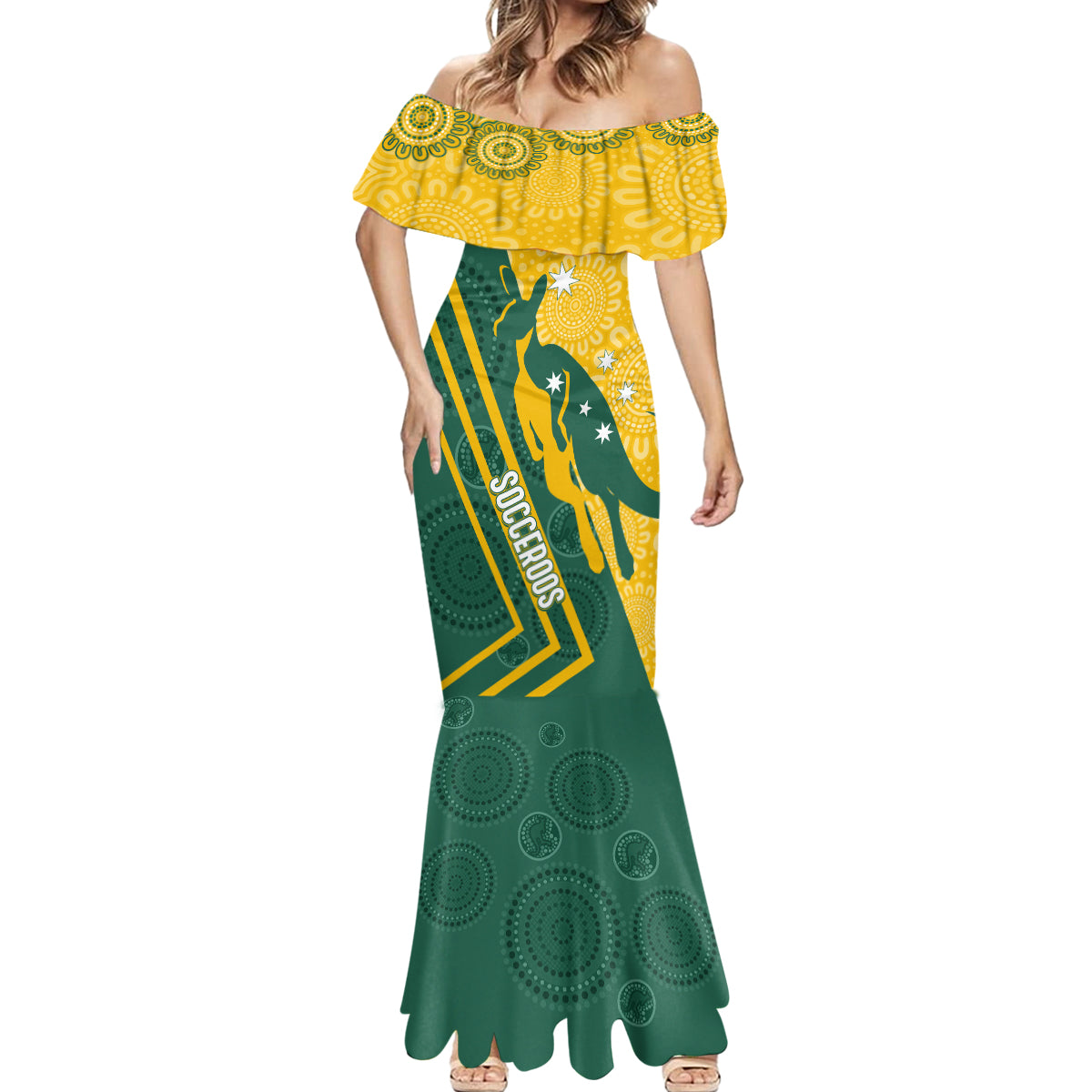 personalised-australia-socceroos-indigenous-mermaid-dress-green-gold