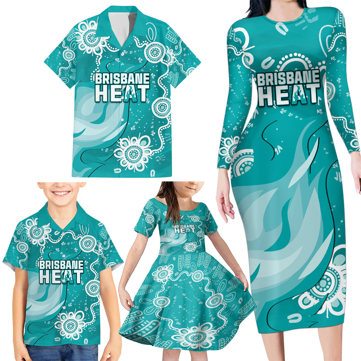 custom-brisbane-cricket-indigenous-family-matching-long-sleeve-bodycon-dress-and-hawaiian-shirt-feel-the-heat