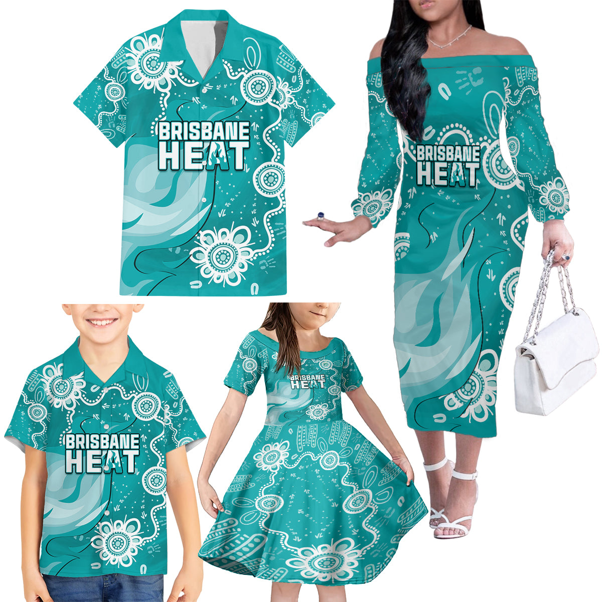 custom-brisbane-cricket-indigenous-family-matching-off-shoulder-long-sleeve-dress-and-hawaiian-shirt-feel-the-heat